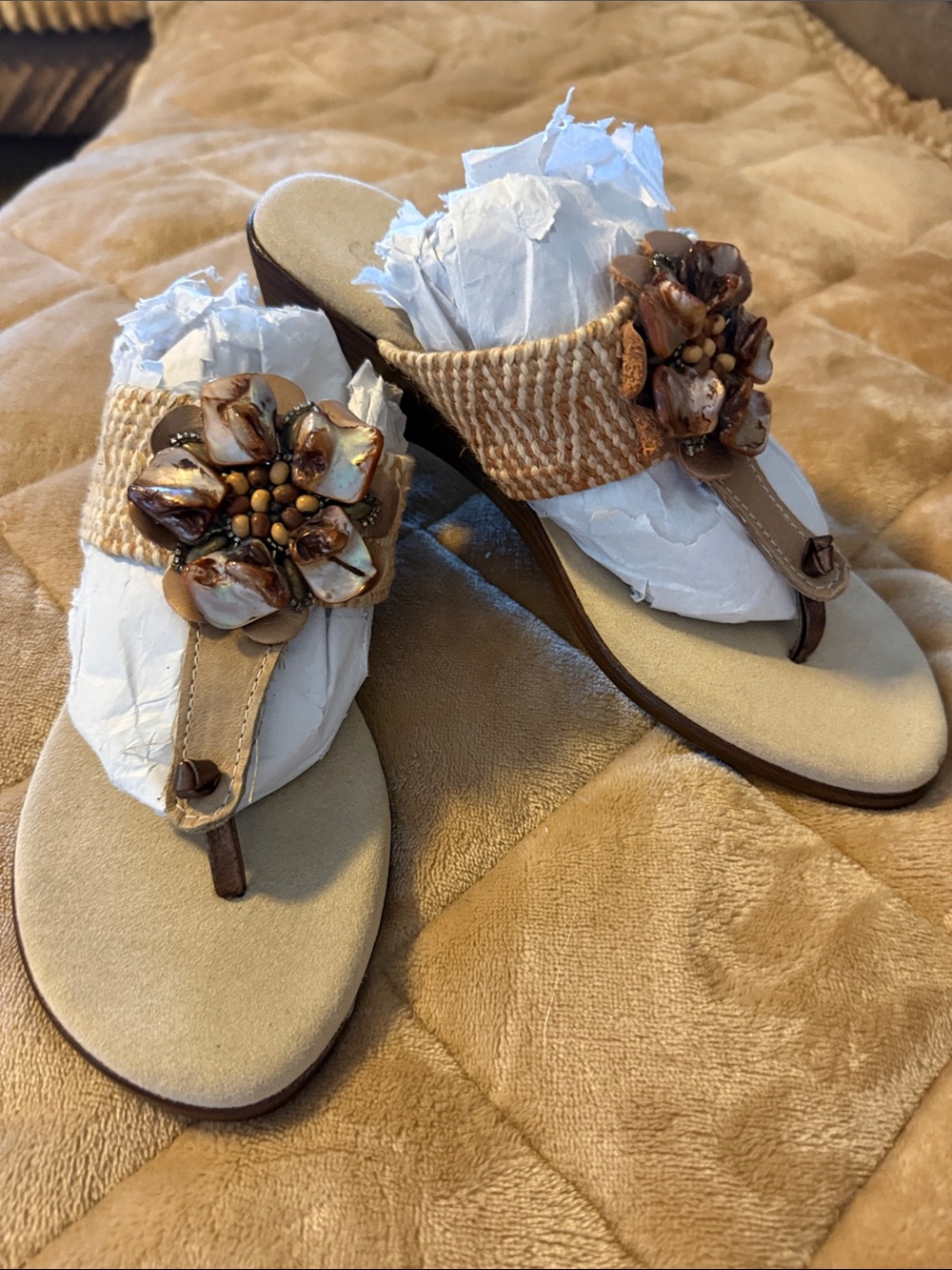 Island Slipper, shell & suede flower motif Thong Sandals  for Women